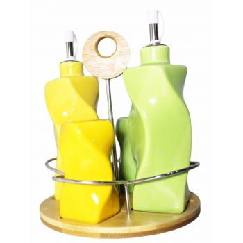 Set Of 4 Ceramic bottles with Wooden Base  Green - Yellow